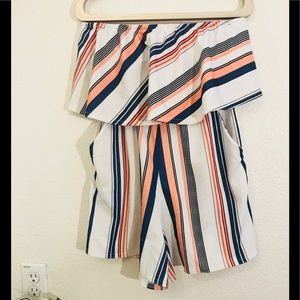 Off the Shoulder Strapless Striped Short Jumpsuit